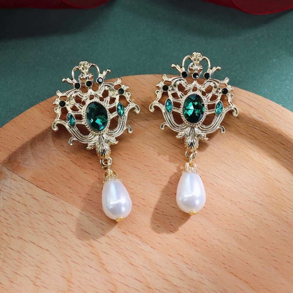 Vintage Emerald Green Crystal Faux Pearl Drop Earrings